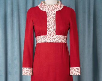 RARE Vintage 1960s S. Howard Hirsch of California Red Flax Dress with Winter White Trim and Red Squiggly Piping
