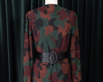 1980s Pauline Trigère Abstract Floral Print Mini Dress with Drape Collar and Matching Scarf Belt