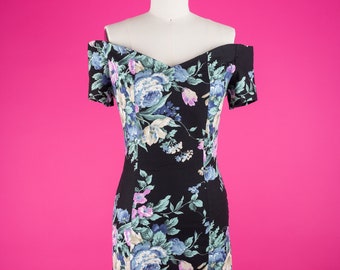 Vintage 80s Byer Too! Off-the-Shoulder Black Floral Sheath Dress (S)