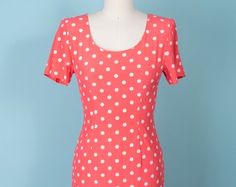 1980s Coral and White Polka Dot Shift Dress with Padded Shoulders by My Michelle