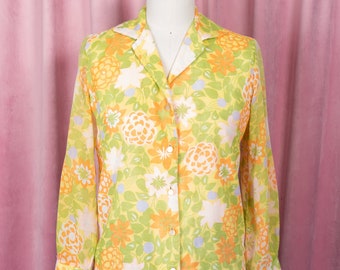 Vintage 1950s Monique Cotton Voile Pastel Floral Print Button Down Blouse with Sheer Sleeves