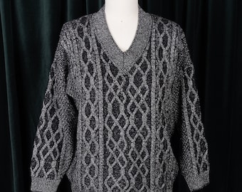 1960s Metallic Silver and Black Wool V-Neck (Fisherman) Sweater Made in Italy