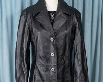 80s Black Genuine Leather Blazer-Style Button Front Jacket with Stitched Seam Details