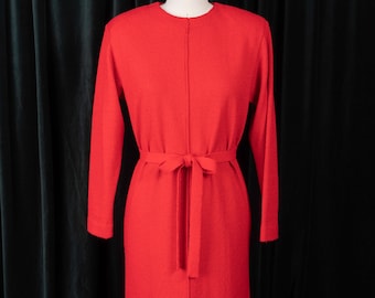 Vtg Castleberry True Red Knit Sweater Dress with Tie Belt