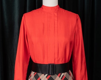 1980s JH Collectibles Bright Red Pleated Button-Back Blouse