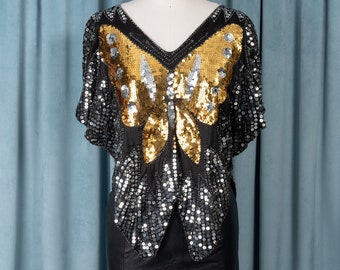 Gorgeous 1970s Silk Sequin Butterfly Top in Gold, Silver, and Black