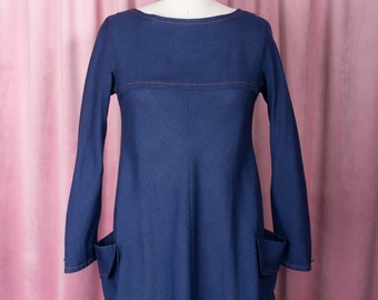 1960s E.T. California Navy Blue Bias Cut Linen Trapeze Dress with Contrast Stitching and Large Pockets (M)