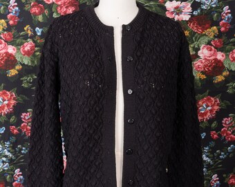 1960s Black Textured Knit Perforated Cardigan With Scalloped Bottom