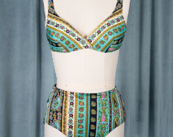 RARE vintage 60s Rose Marie Reid Floral Paisley Print Two-Piece Bikini Swimsuit Skirt Set