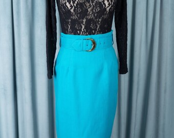 1980s Bright Turquoise Belted High Waist Skirt by Michele