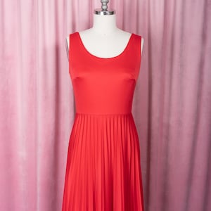 Vintage 1970s Tomato Red Polyester Perma Pleat Tank Dress image 1