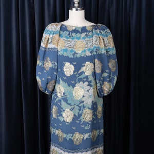 Vintage 1970's Metallic Floral Print Dress with Gathered Shoulders and Balloon Sleeves image 1