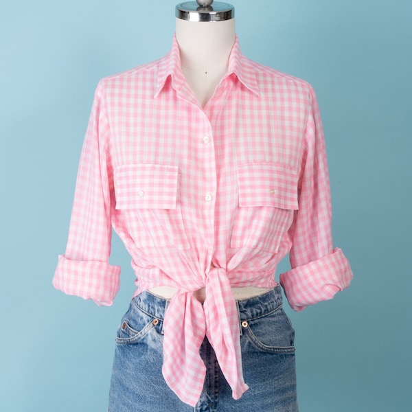1950s Pink and White Gingham Paper-Thin Collared Button-Down Shirt