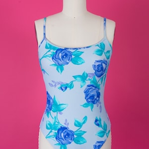vintage 90s Floral Baja Blue Floral Rose Print One-Piece Swimsuit with Lace-Up Back and Matching Skirt image 1