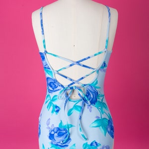 Vintage 90s Floral Baja Blue Floral Rose Print One-Piece Swimsuit with Lace-Up Back and Matching Skirt image 2