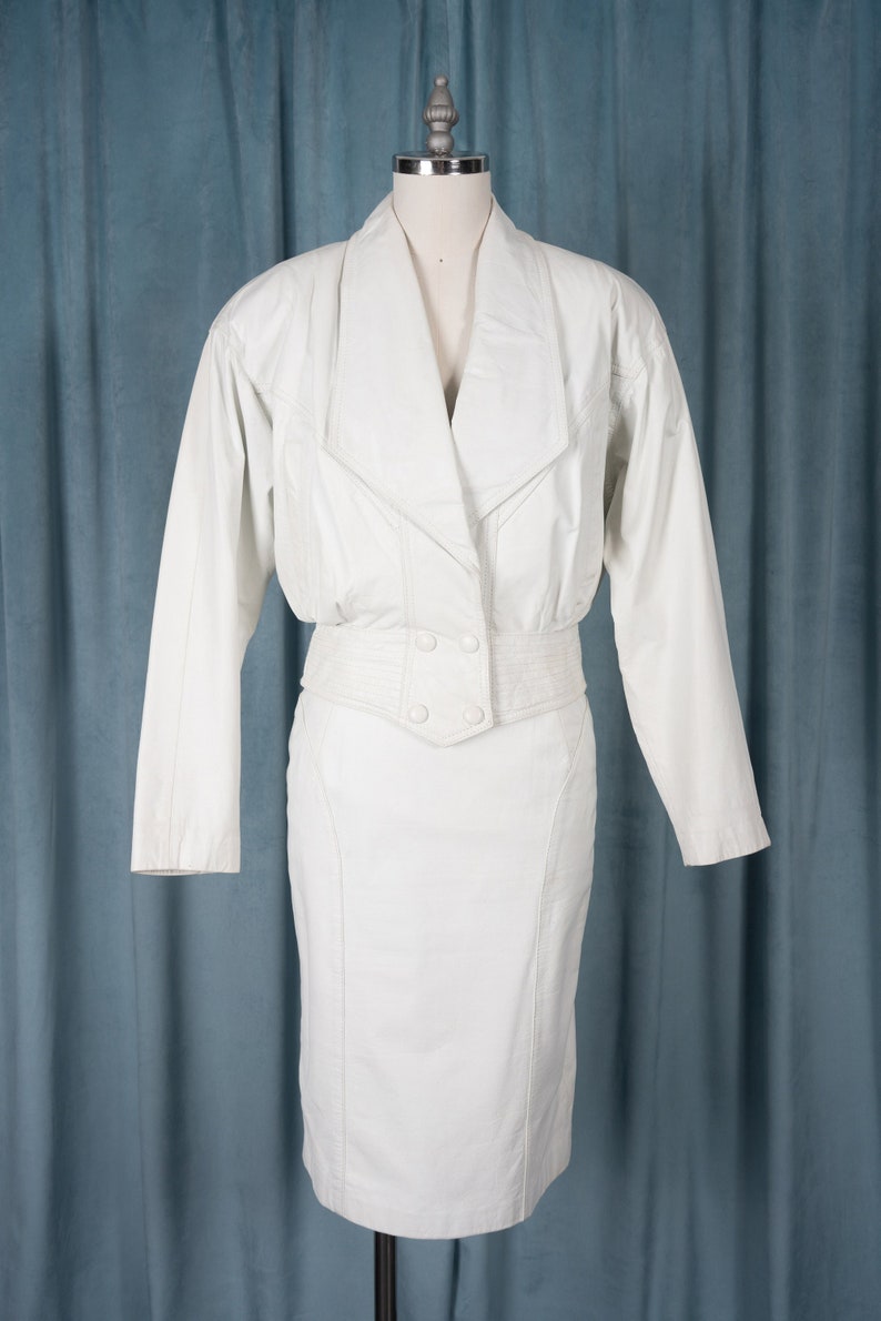 Vintage 80s Byrnes & Baker White Genuine Leather Pencil Skirt with Curved Seam Details image 1