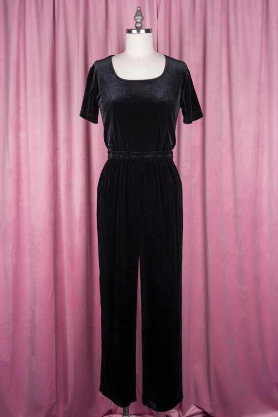 Vintage 90s Black Stretch Velvet Wide Leg Palazzo… - image 1