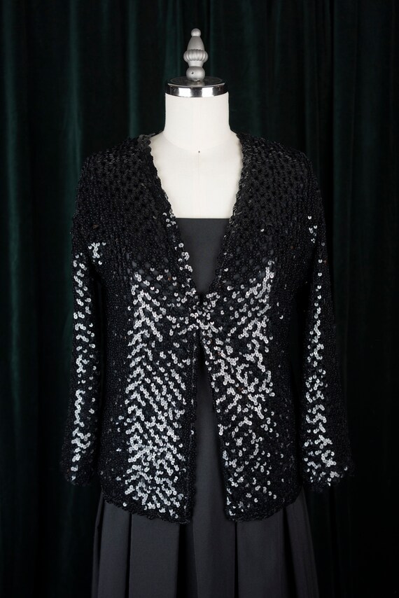 Vintage 80s Woven Black Sequin Lined Cardigan Jack