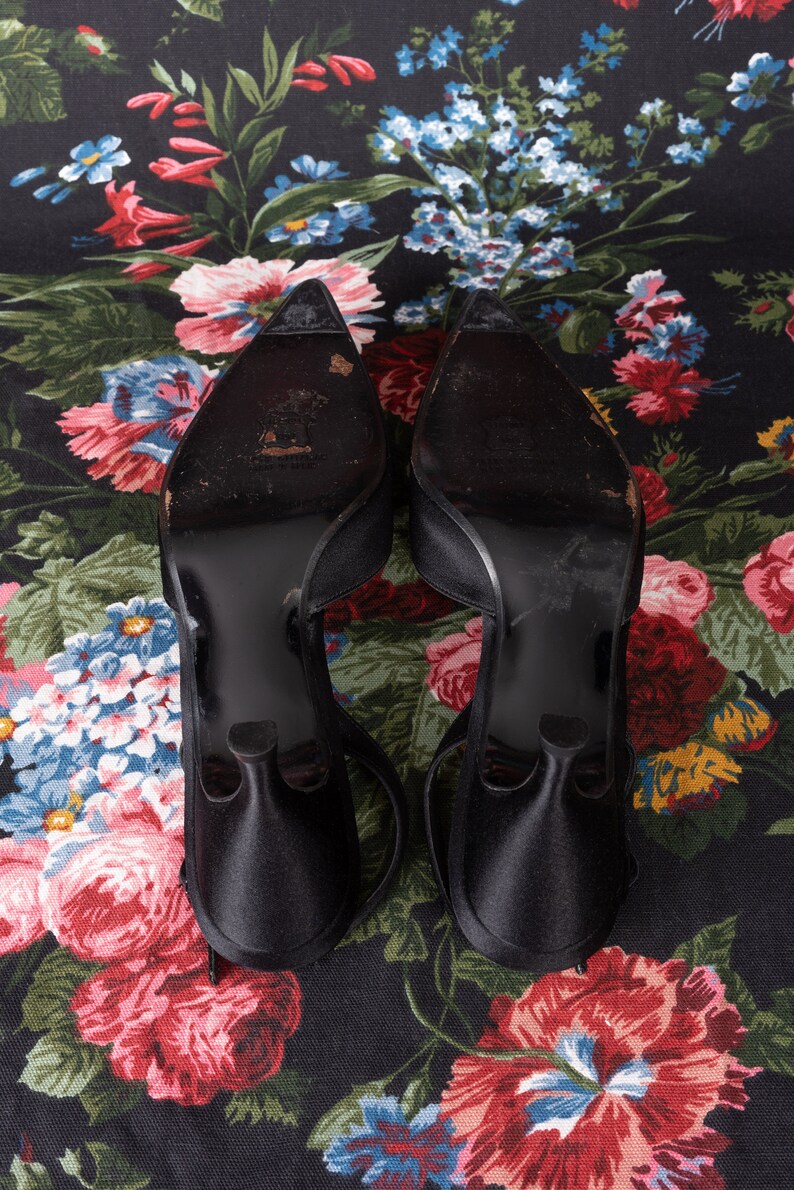 Stuart Weitzman Black Crystal Embellished Black Satin Pointy Toe Slingback Kitten Heels with Box 9 image 6