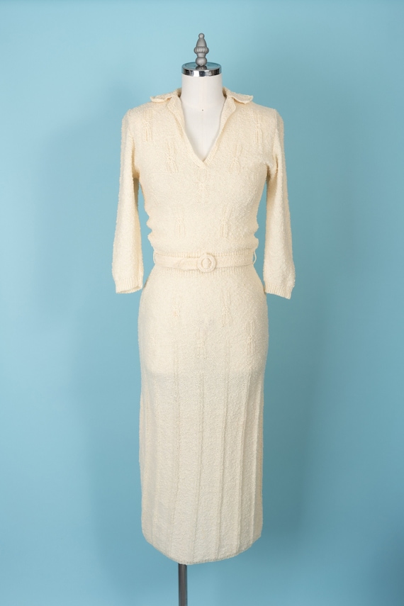 Rare 1970s Ivory Hand Loomed Crochet Belted Sheath