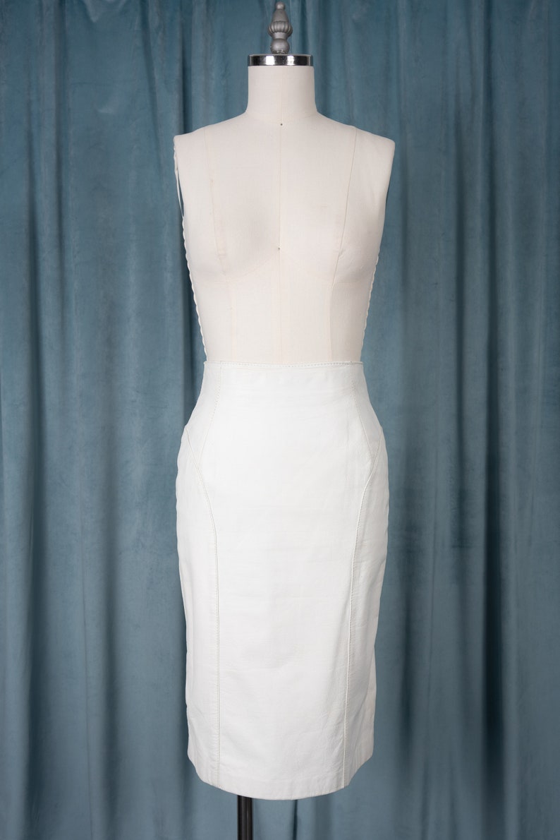 Vintage 80s Byrnes & Baker White Genuine Leather Pencil Skirt with Curved Seam Details image 2