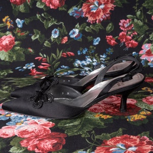 Stuart Weitzman Black Crystal Embellished Black Satin Pointy Toe Slingback Kitten Heels with Box 9 image 2