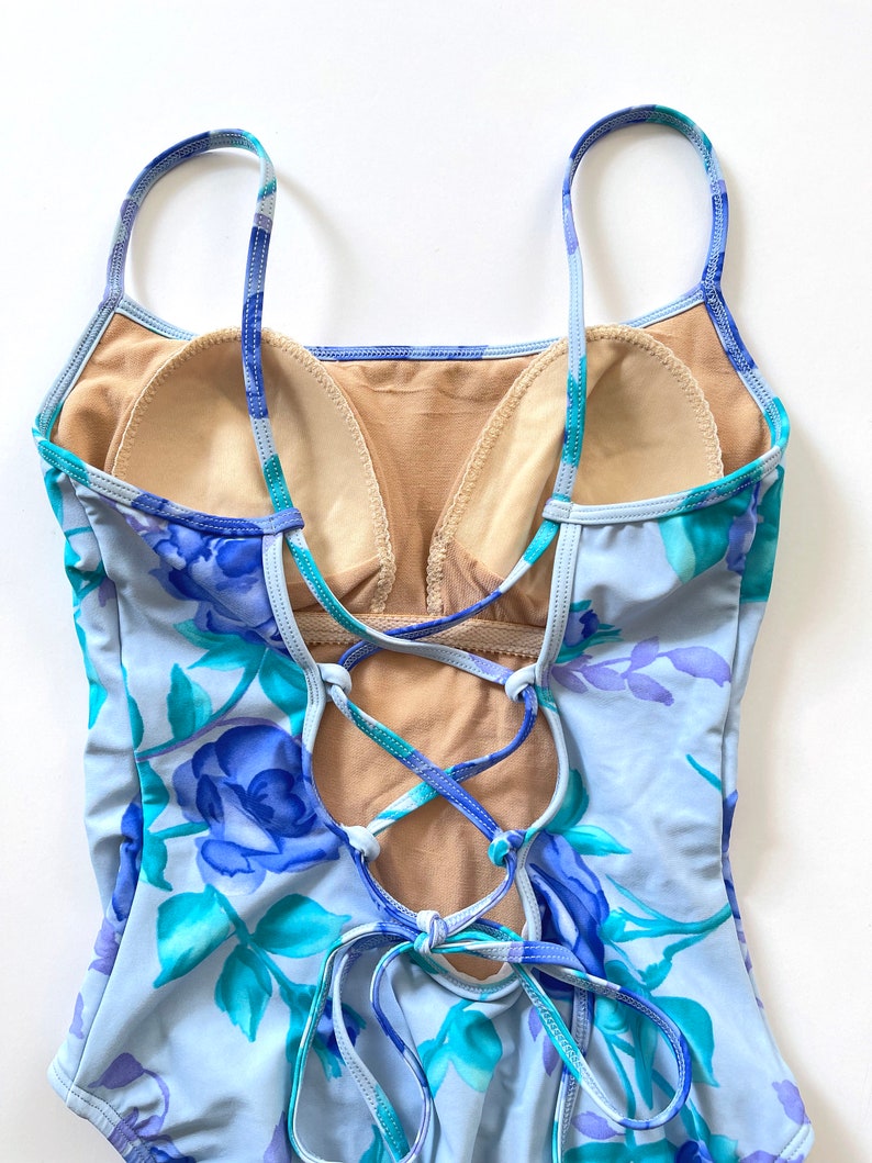 vintage 90s Floral Baja Blue Floral Rose Print One-Piece Swimsuit with Lace-Up Back and Matching Skirt image 7