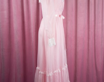 Vintage 70s Sheer Pastel Pink Swiss Dot Floor Length Dress