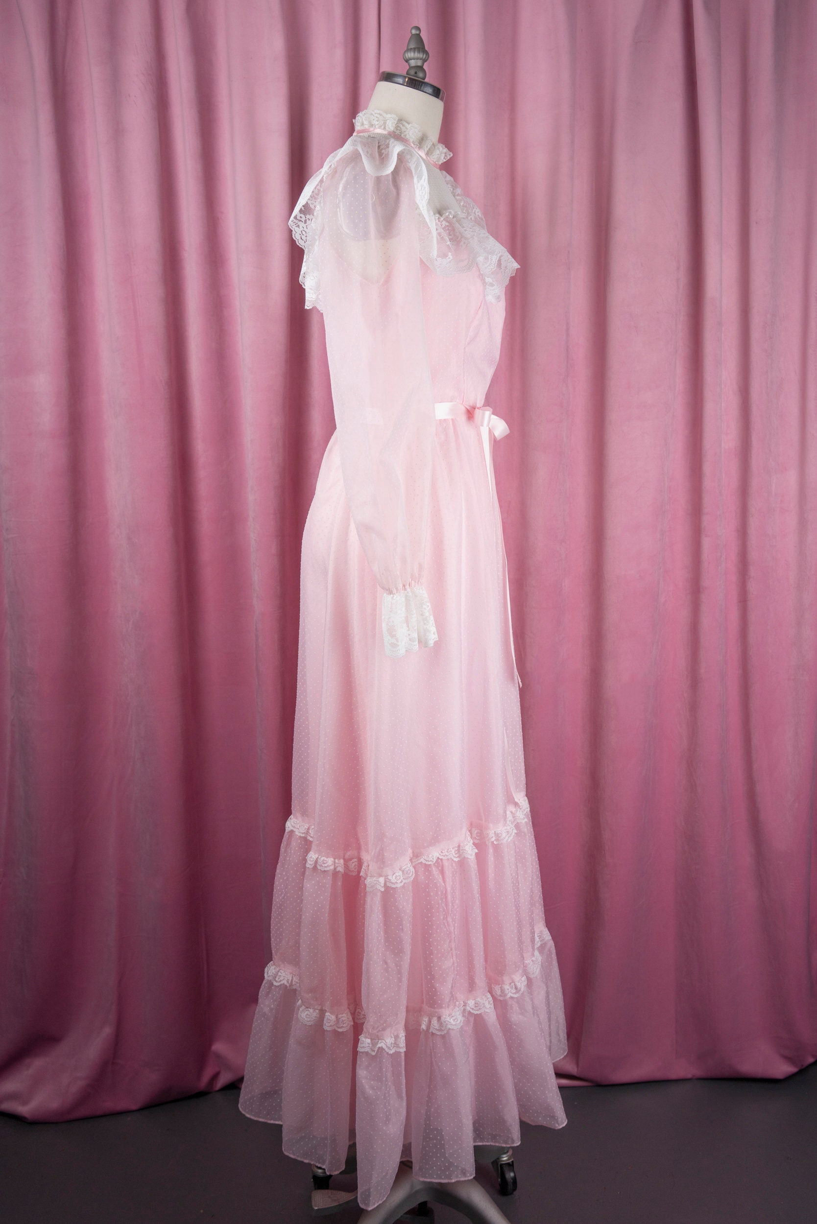 Vintage 70s Sheer Pastel Pink Swiss Dot Floor Length Dress