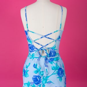 Vintage 90s Floral Baja Blue Floral Rose Print One-Piece Swimsuit with Lace-Up Back and Matching Skirt image 6