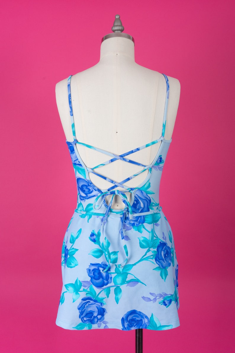 Vintage 90s Floral Baja Blue Floral Rose Print One-Piece Swimsuit with Lace-Up Back and Matching Skirt image 6