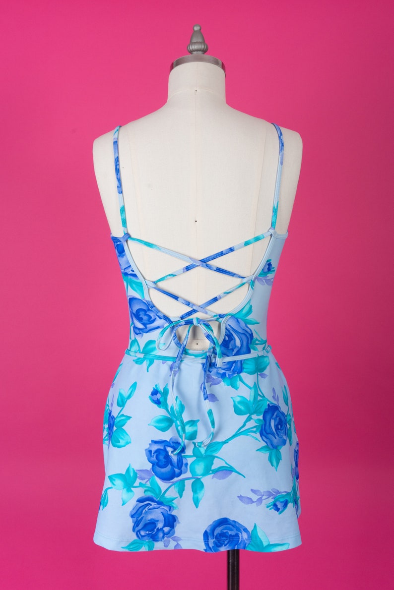 vintage 90s Floral Baja Blue Floral Rose Print One-Piece Swimsuit with Lace-Up Back and Matching Skirt image 6