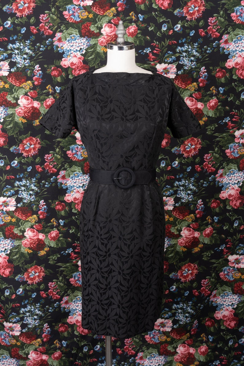 1960s Floral Print Jacquard Black Square Neck Day Dress by The Jones Girl image 1