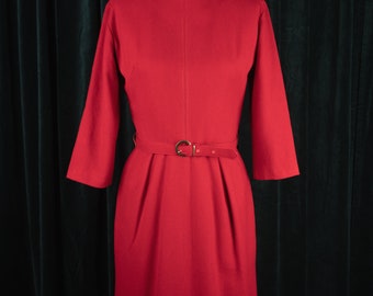 Vintage 1960s Tomato Red Belted Wool Sheath Dress with Contrast Stitching Detail