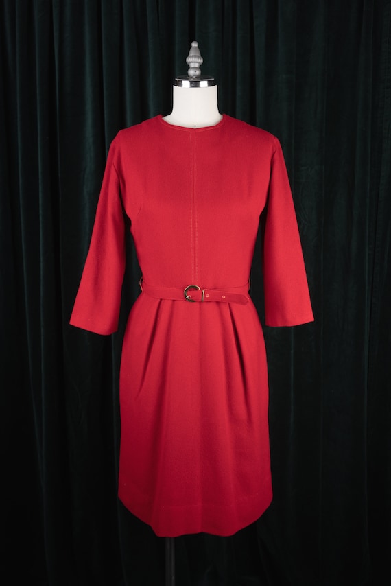 Vintage 1960s Tomato Red Belted Wool Sheath Dress 