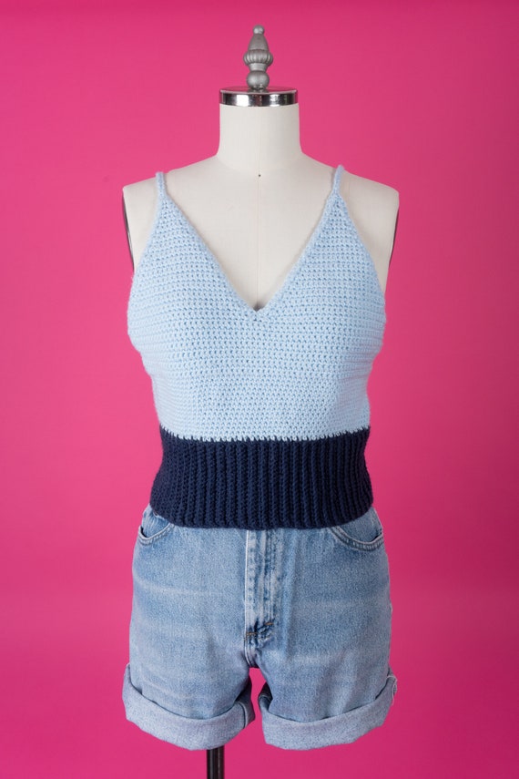 Vintage Handmade Handknit Two-tone Blue Crochet Ta