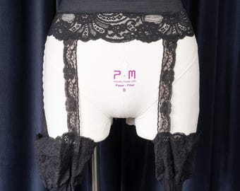 1980s GUY LAROCHE Black Lace and Fishnet Garter Stockings with Rear Seams