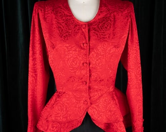 Vintage 80s Argenti Cherry Red Silk Floral-Patterned Blouse with Double Ruffled Peplum