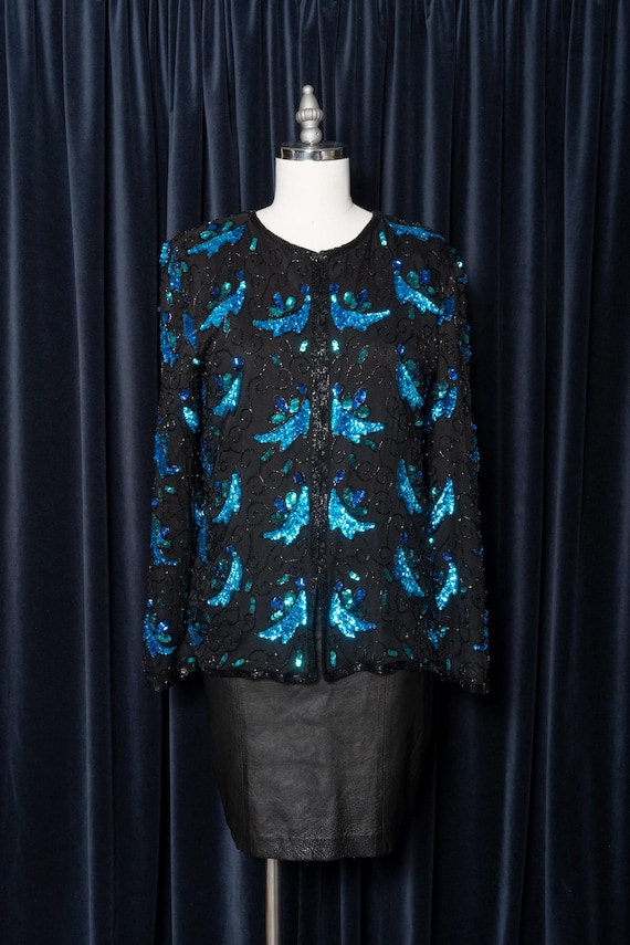 1980s Beaded Sequin Silk Evening Jacket by Denise Elle