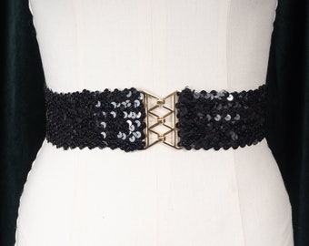 Black Stretchy Sequin Wide Belt with Gold Tone Buckle