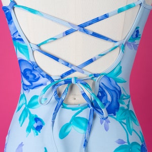 vintage 90s Floral Baja Blue Floral Rose Print One-Piece Swimsuit with Lace-Up Back and Matching Skirt image 3