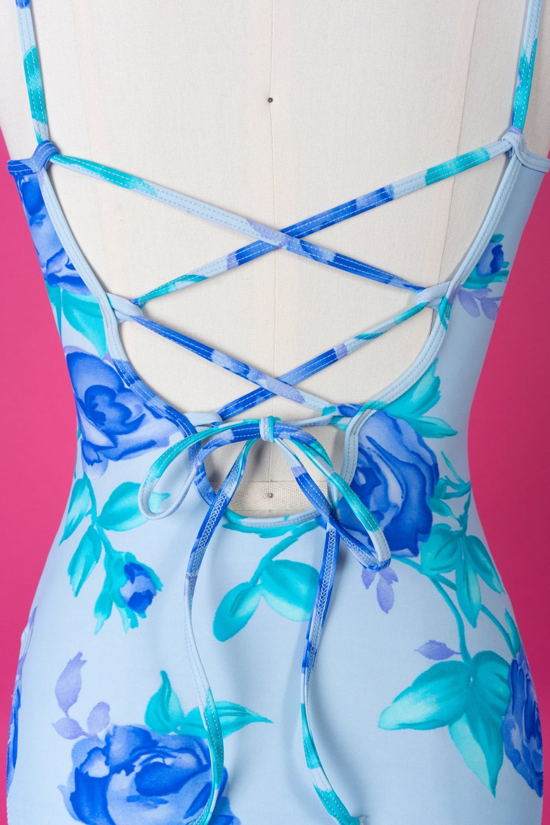 vintage 90s Floral Baja Blue Floral Rose Print One-Piece Swimsuit with Lace-Up Back and Matching Skirt image 3
