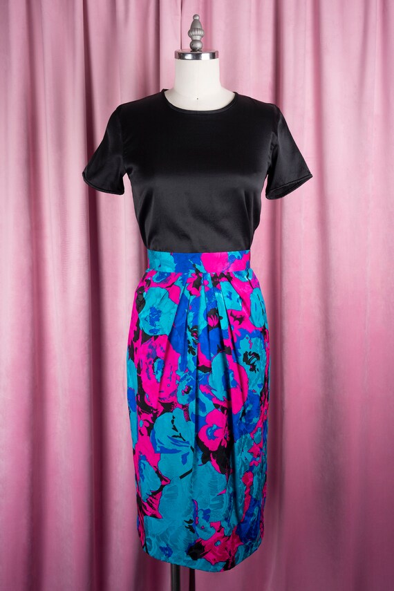 1980s Flora Kung Silk Bold Abstract Floral Print Skirt - Neiman Marcus