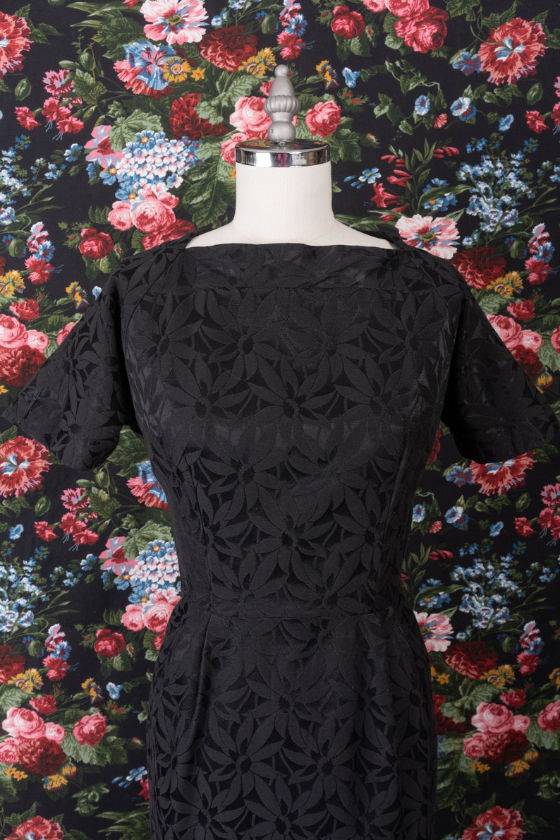 1960s Floral Print Jacquard Black Square Neck Day Dress by The Jones Girl image 3