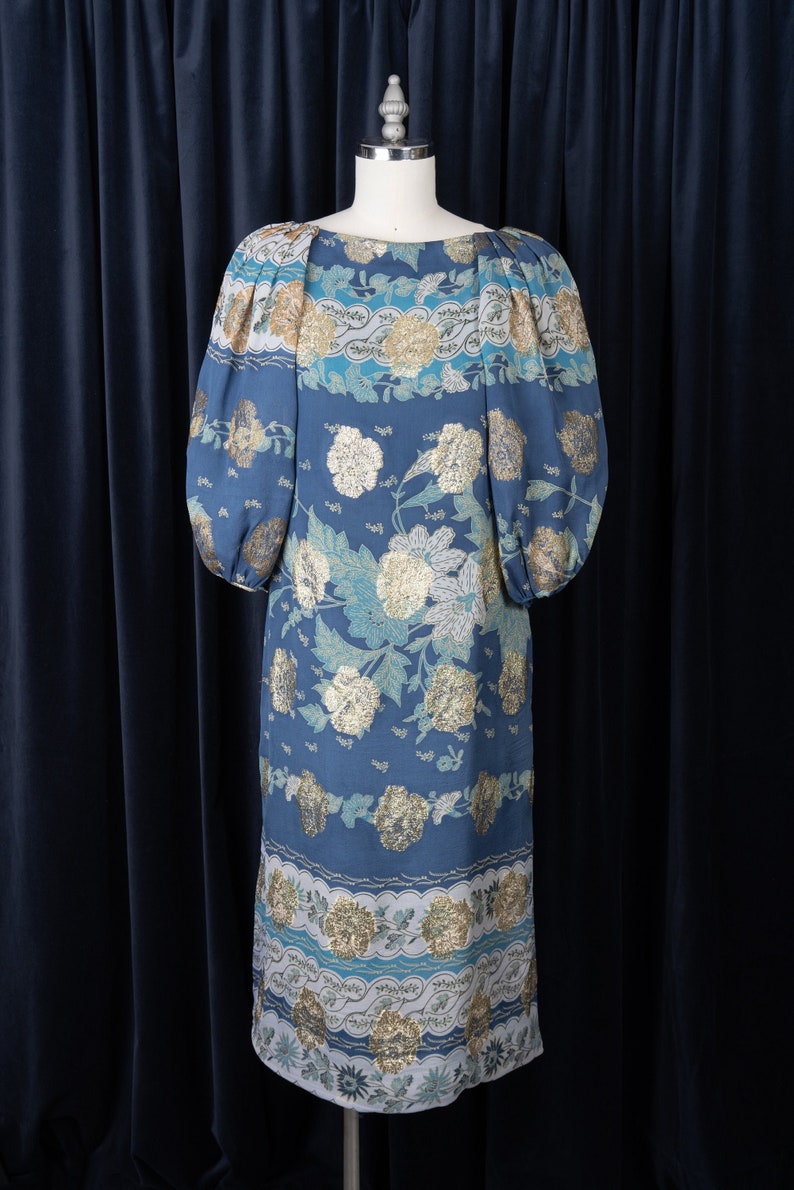 Vintage 1970's Metallic Floral Print Dress with Gathered Shoulders and Balloon Sleeves image 1