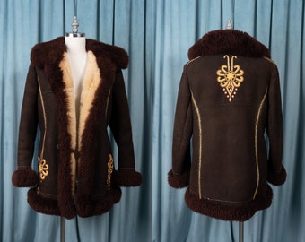Incredible 1970s Embroidered Sheepskin Shearling Fur-trimmed Coat with Leather Toggles Handmade in Poland