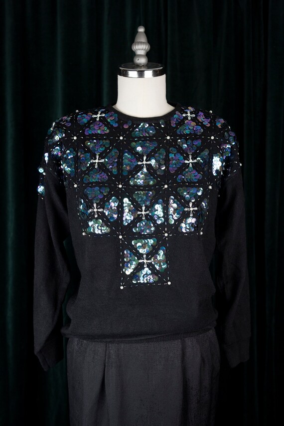 Vintage 80s Black Sweater with Iridescent Sequins 