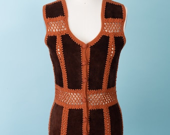 1970s Brown/Rust Suede and Knit Long Vest With Crochet Details