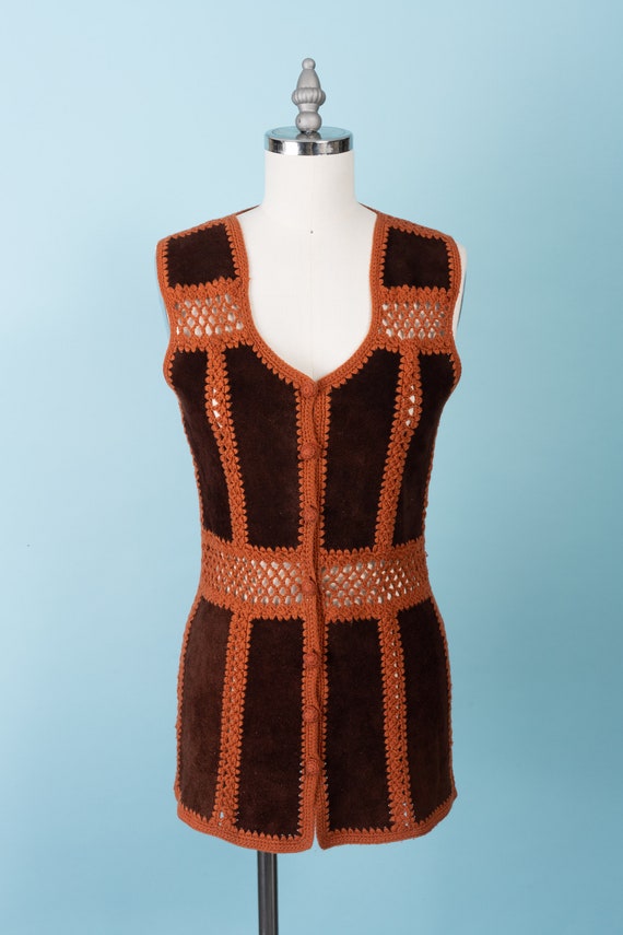 1970s Brown/Rust Suede and Knit Long Vest With Cro