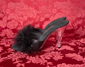 Black Satin Marabou Feather Lucite Bedroom Heels